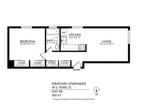 Floor plan for 1 bed, 1 bath, 600 sqft